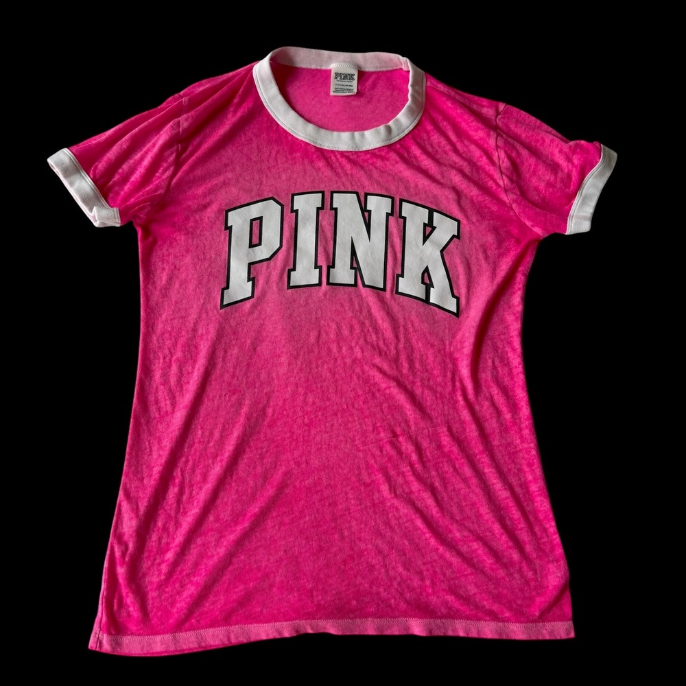 Y2K Victoria's Secret‎ PINK Ringer T-Shirt Neon Pink Burnout Tee Womens Small